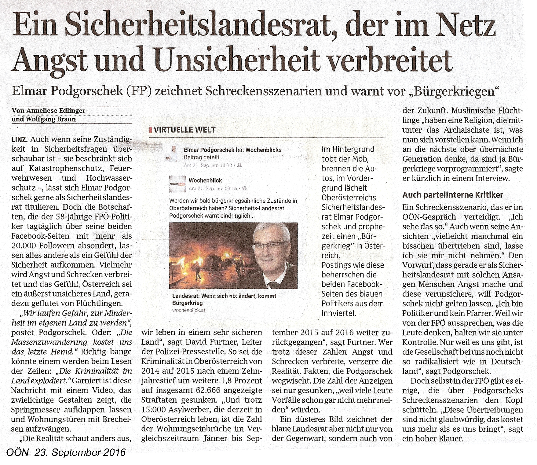 160923 OÖN podgorschek Kriegshetzer